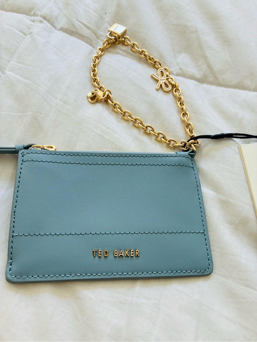 Ted Baker Teal Blue Leather Card Holder Wristlet with Gold Chain